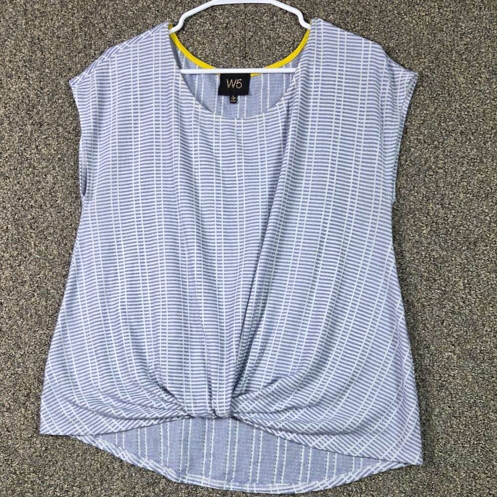 W5 Short Sleeve Top Women‎ Large Blue White Front Twist Knot Stripe Blouse